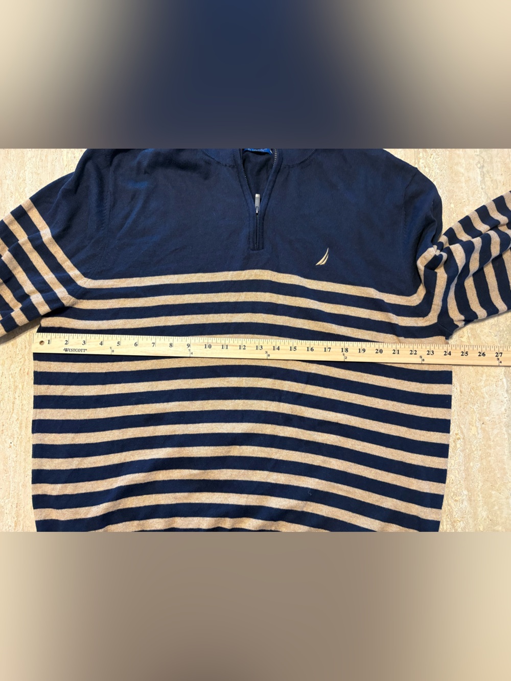 Nautica Navtech Mens XL Quarter Zip Sweater Striped Navy Beige Knit Pullover - Picture 6 of 6